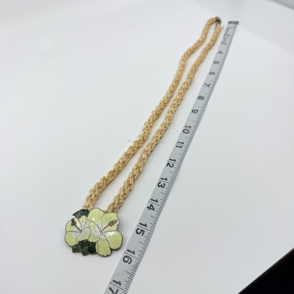 Vintage Cloisonne Hibiscus Flower Necklace with Silk Cord Boho Charm - Picture 8 of 9